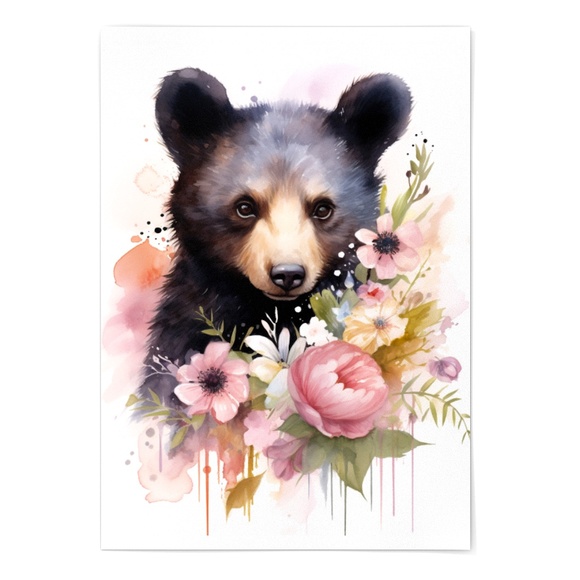 Watercolor Floral Black Bear Portrait Wall Art Illustration Print Unframed - Picture 2 of 5